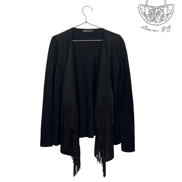 INC International Concepts / Draped Fringe Suede Cardigan / Size S / Color Black - Picture 4 of 6